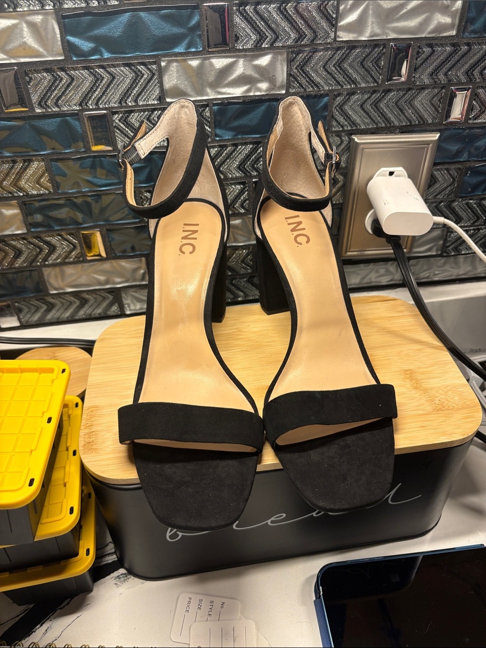 INC International Concepts Black Suede Ankle-Strap Block Heel Sandals